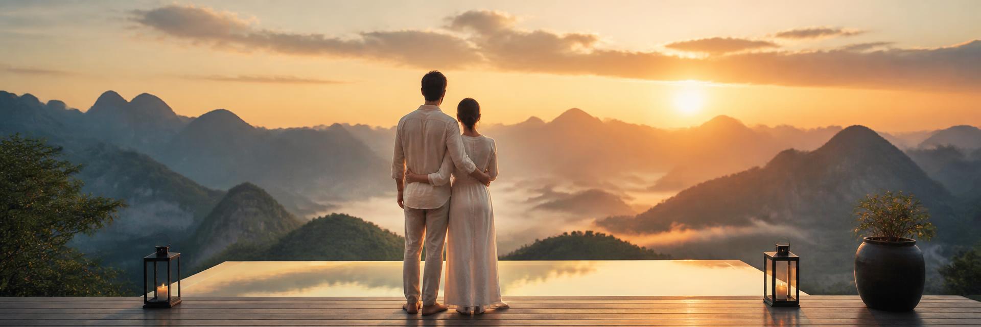 A couple overlooking misty mountains at sunrise from a luxury resort deck