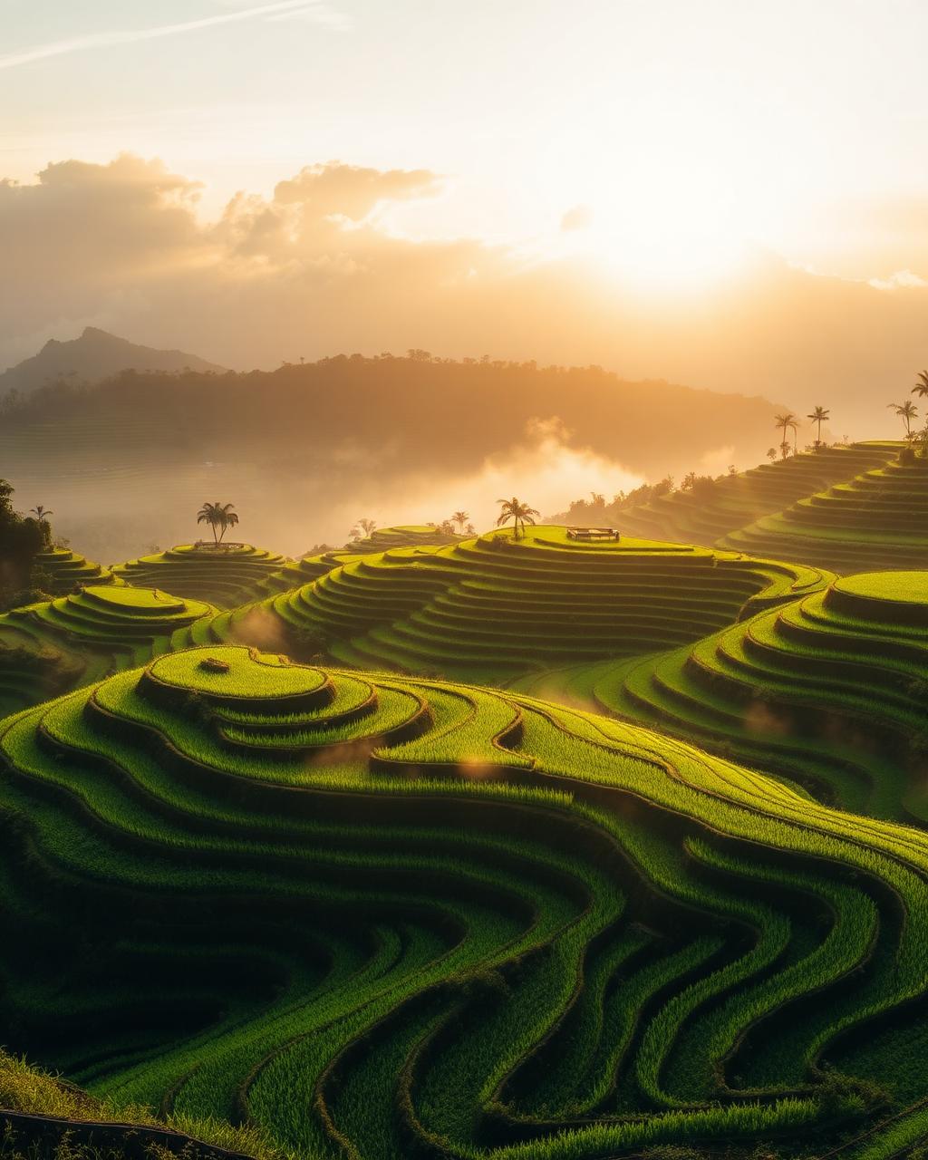 Bali rice terraces glowing in golden morning light